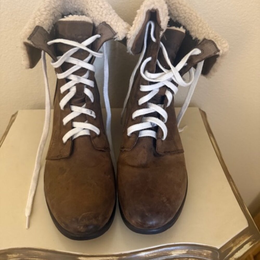 UGG Boots Women Brown Suede Shearling Wedge Lace Up Ankle Winter Shoes